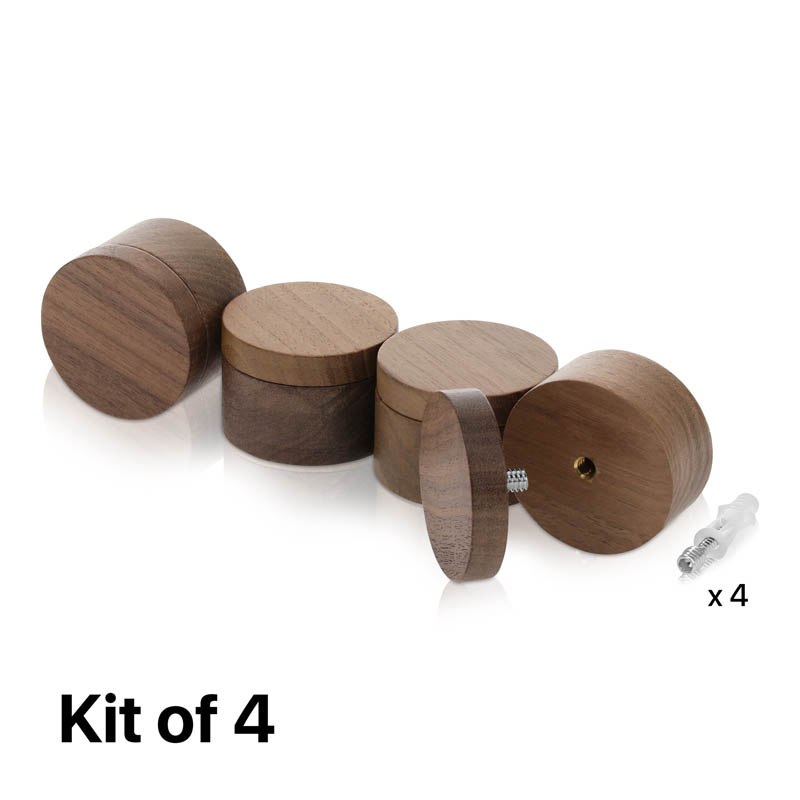 (Set of 4) 2'' Diameter X 1'' Barrel Length, Wooden Flat Head Standoffs, Matte Walnut Wood Finish, Easy Fasten Standoff, Included Hardware (For Inside Use) [Required Material Hole Size: 5/16'']